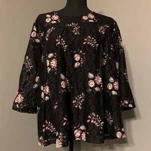 LOFT Black/Pink/Cream Eyelet Lace Top NWT